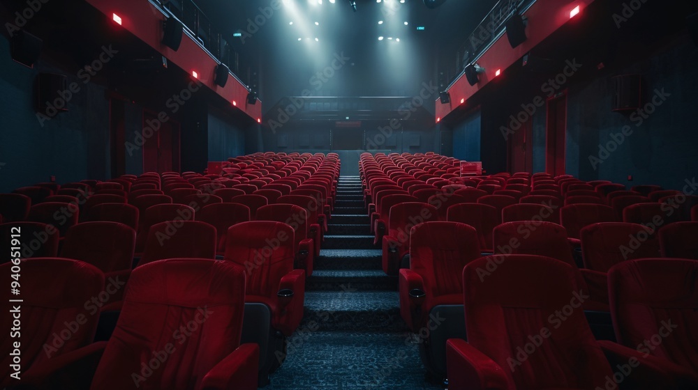 2. Red velvet seats in an empty movie theater, dim lighting, dark atmosphere, plush cinema chairs, sloped auditorium, symmetrical seating arrangement, cinema interior, theatrical setting, movie
