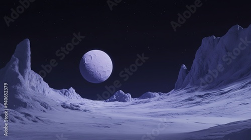 A surreal, otherworldly landscape with a large, glowing moon in the sky.