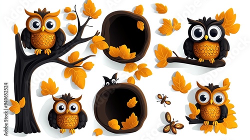 Colorful owl illustrations surrounded by autumn leaves, perfect for fall-themed designs and art projects. photo