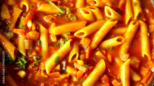  Cooking pasta with sauce in pan, in door  Chiangmai  Thailand.