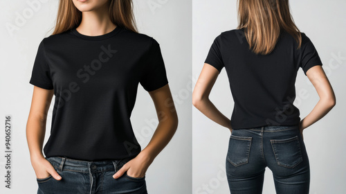 A collage featuring close-up photos of a woman wearing a dark grey t-shirt, presented on a white background. The collage includes both front and back views, highlighting the fit and design of the t-sh