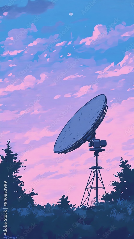 A satellite dish stands tall against a vibrant pink and blue sunset sky. A satellite dish stands tall against a vibrant pink and blue sunset sky.
