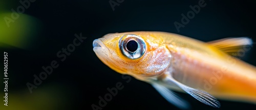  A tight shot of a fish's eye with a blurred background photo