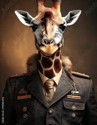 Realistic Giraffe in Military Outfit with Napoleon Epaulettes photo