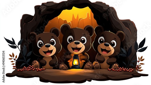 Three cheerful cartoon bears sitting in a cave, illuminated by a lantern, surrounded by nature. Perfect for children's themes. photo