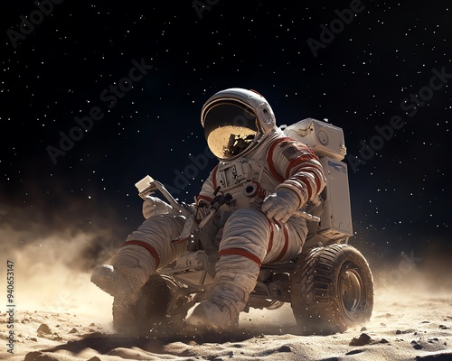 Astronaut exploring a desolate planet, driving a rover, stars in the background.