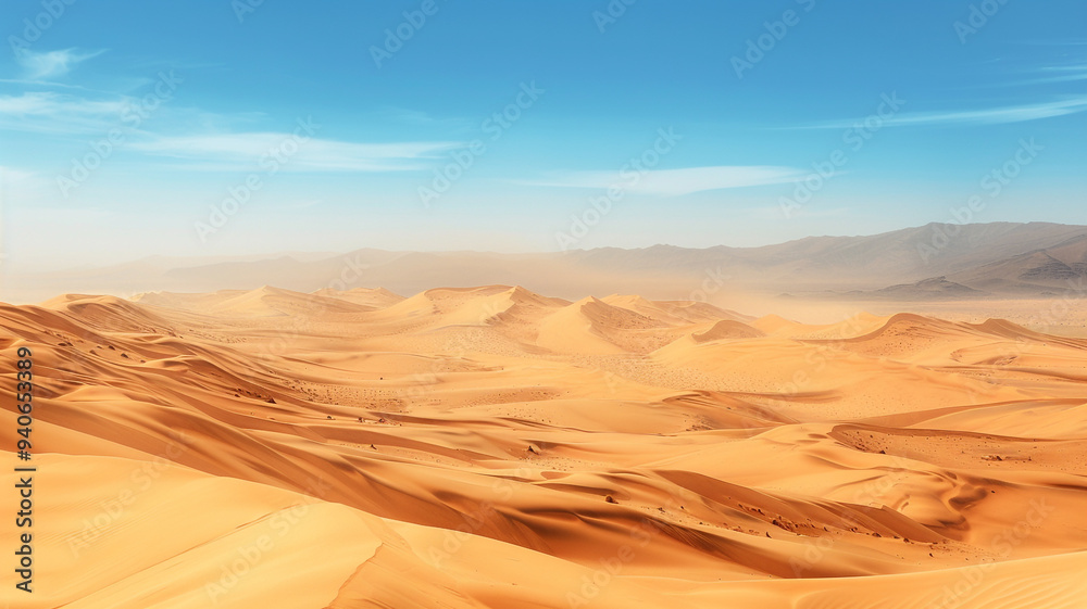 a vast desert landscape with rolling sand dunes under a clear blue sky a vast desert landscape with rolling sand dunes under a clear blue sky