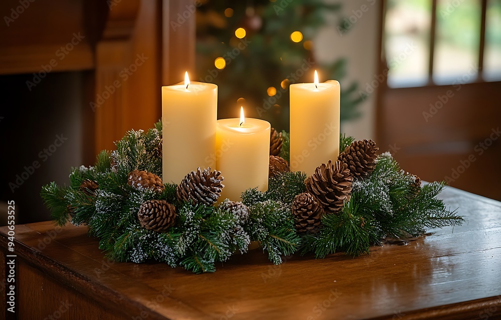 Stunning four white candles on an altar, surrounded by evergreen branches and red berries Stunning four white candles on an altar, surrounded by evergreen branches and red berries