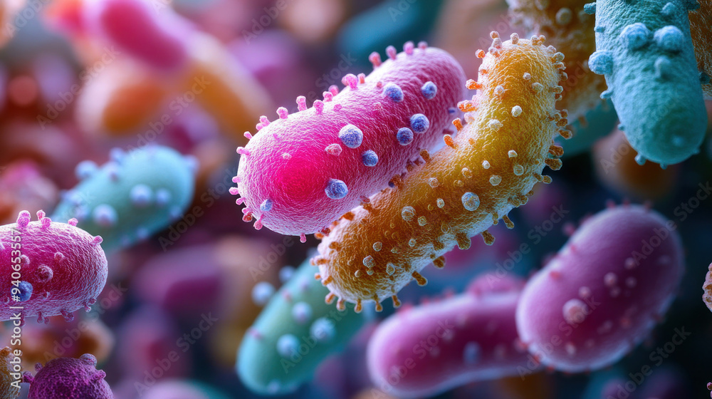 A close-up view of colorful bacteria cells under a microscope, showing intricate details of their structure. A close-up view of colorful bacteria cells under a microscope, showing intricate details of their structure.