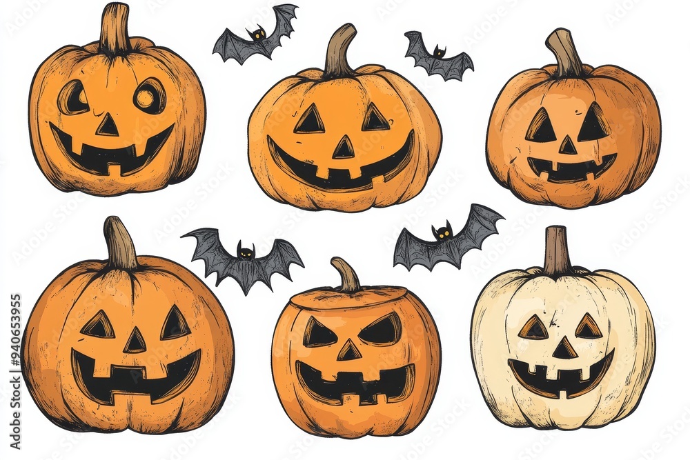 A set of cute Halloween pumpkins with carved faces and bats flying around them. The pumpkins are orange and white, and they have different expressions on their faces. A set of cute Halloween pumpkins with carved faces and bats flying around them. The pumpkins are orange and white, and they have different expressions on their faces.