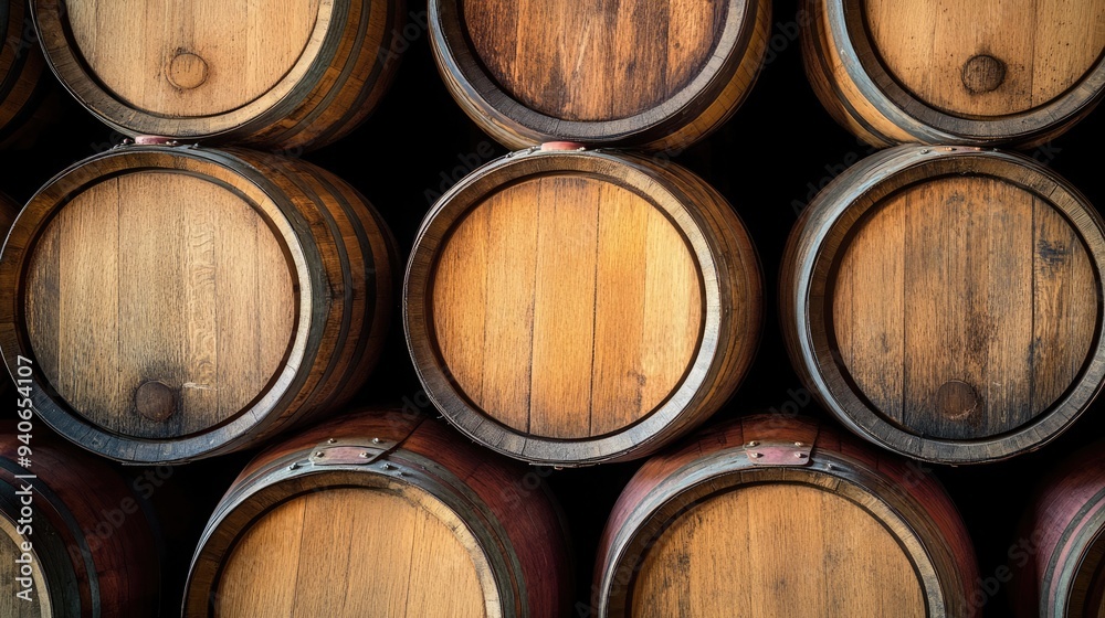 Wooden barrels stacked tightly in a rustic winery, showcasing craftsmanship and aged materials in late afternoon light Wooden barrels stacked tightly in a rustic winery, showcasing craftsmanship and aged materials in late afternoon light