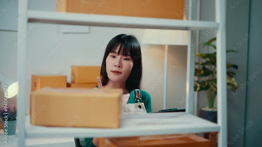 Asian sme business owner is checking orders from customers on a tablet and taking notes. She is surrounded by cardboard boxes on shelves Asian sme business owner is checking orders from customers on a tablet and taking notes. She is surrounded by cardboard boxes on shelves