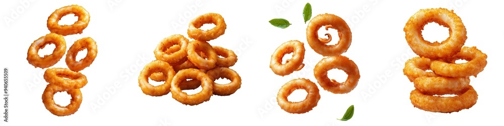 Crispy golden onion rings arranged in various ways, isolated on white background, perfect for illustrating food and snacking concepts. Crispy golden onion rings arranged in various ways, isolated on white background, perfect for illustrating food and snacking concepts.