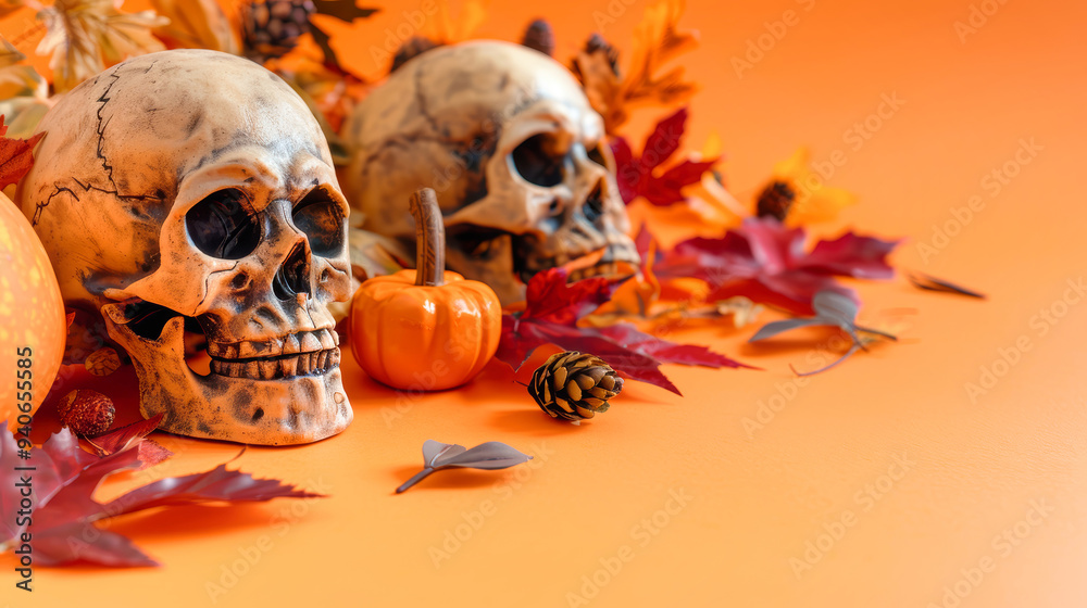 This vibrant background features skulls alongside pumpkins and autumn leaves, creating a captivating Halloween atmosphere perfect for design concepts This vibrant background features skulls alongside pumpkins and autumn leaves, creating a captivating Halloween atmosphere perfect for design concepts