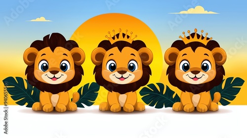 Playful cartoon lions with crowns against a sunset backdrop. Perfect for children's designs and playful themes. photo