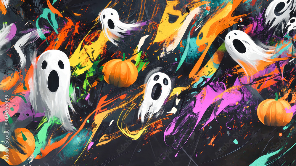 A lively array of ghosts and pumpkins dances across a colorful graffiti backdrop, creating a spirited Halloween atmosphere filled with creativity A lively array of ghosts and pumpkins dances across a colorful graffiti backdrop, creating a spirited Halloween atmosphere filled with creativity