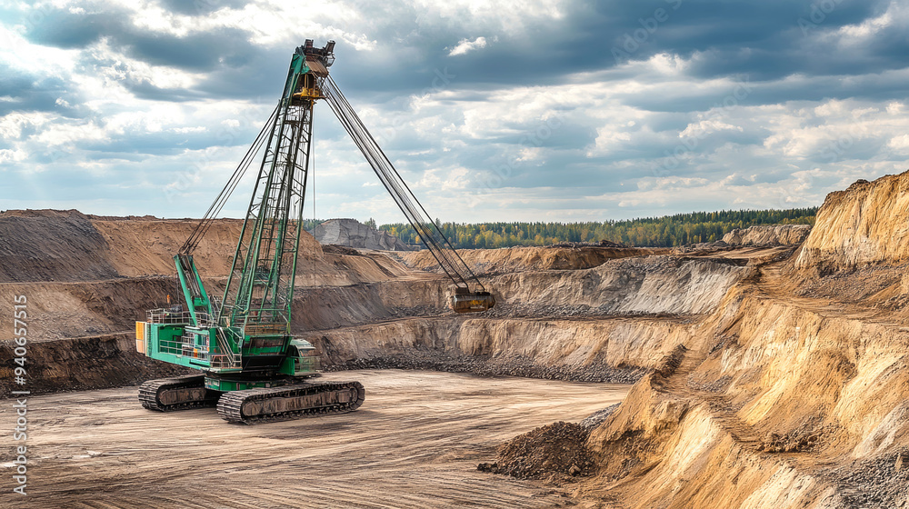 An electric crane operates in a vast sandy quarry, showcasing the raw beauty and industrial strength of mining practices An electric crane operates in a vast sandy quarry, showcasing the raw beauty and industrial strength of mining practices