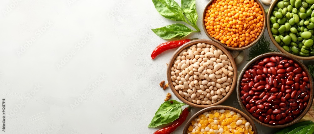A collection of bowls holding various kinds of beans sits nearby a verdant, leafy plant against a pristine white background A collection of bowls holding various kinds of beans sits nearby a verdant, leafy plant against a pristine white background