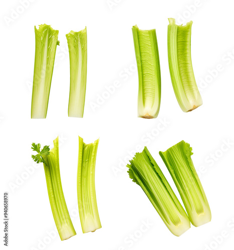 Fresh green celery stalks arranged neatly on a white background, perfect for healthy eating and recipe inspiration. photo