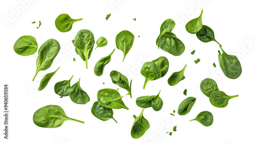 Fresh spinach leaves scattered on a white background, showcasing their vibrant green color and healthy appeal.