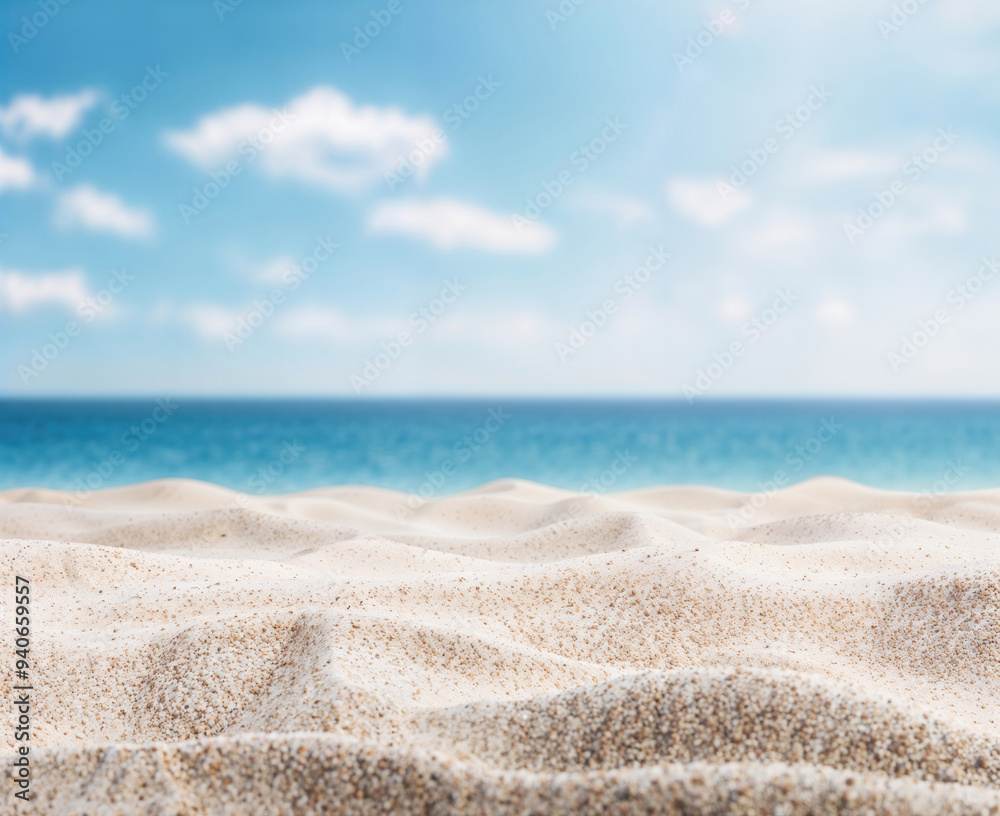 Fine sand beach with blurred blue ocean under a sunny sky with fluffy white clouds Fine sand beach with blurred blue ocean under a sunny sky with fluffy white clouds