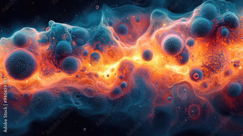 Obraz premium A digital artwork reimagining bacteria as vibrant, dynamic shapes, resembling microscopic views.