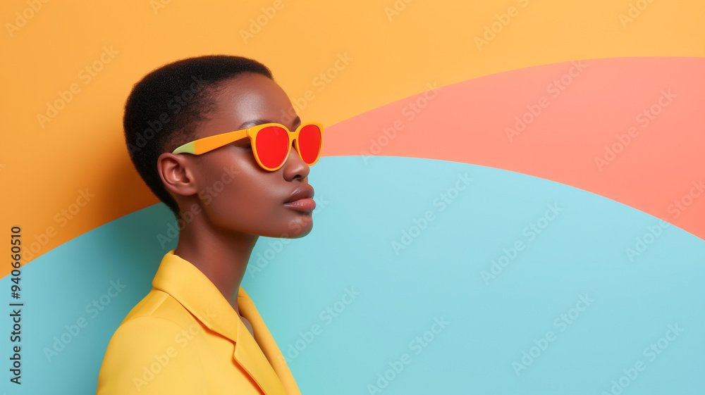 A stylish woman wearing bright sunglasses and a vibrant yellow outfit against a colorful geometric background. A stylish woman wearing bright sunglasses and a vibrant yellow outfit against a colorful geometric background.