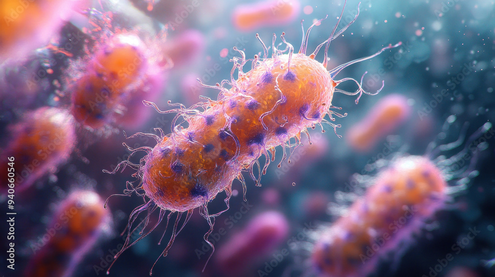 A dynamic scene of bacteria cells moving with the help of their flagella, demonstrating bacterial motility. A dynamic scene of bacteria cells moving with the help of their flagella, demonstrating bacterial motility.