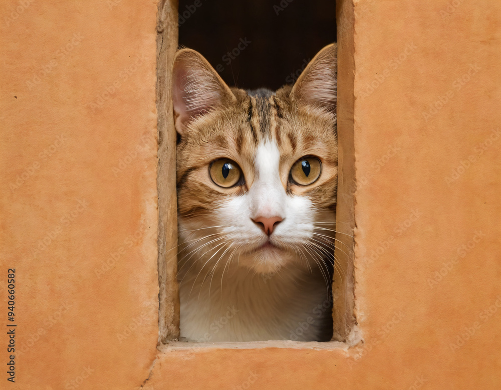 Funny cat peeks out from behind the wall. Copy space. Ai generated image Funny cat peeks out from behind the wall. Copy space. Ai generated image