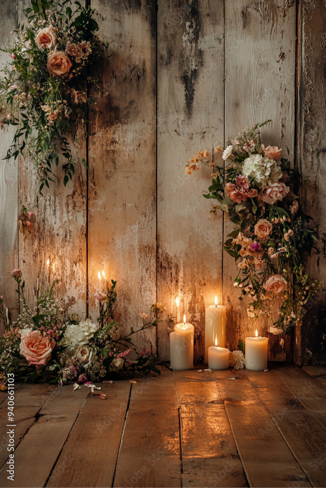 christmas tree and candles, the wall of a room with candles and flower bouquets all on the wooden floor.