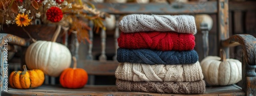 stack of  colored autumn warm knitted items with pumpkins on wood chair. fall decor and warm seasonal vibes. farmhouse lifestyle. banner photo