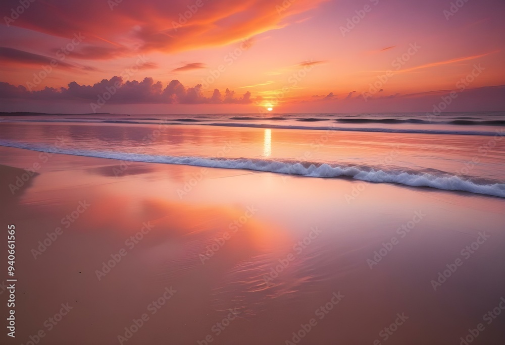 a vibrant beach scene during sunset, with the sun dipping below the horizon, casting orange and pink hues across the sky and reflecting on the water a vibrant beach scene during sunset, with the sun dipping below the horizon, casting orange and pink hues across the sky and reflecting on the water