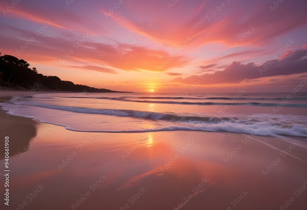 a vibrant beach scene during sunset, with the sun dipping below the horizon, casting orange and pink hues across the sky and reflecting on the water a vibrant beach scene during sunset, with the sun dipping below the horizon, casting orange and pink hues across the sky and reflecting on the water