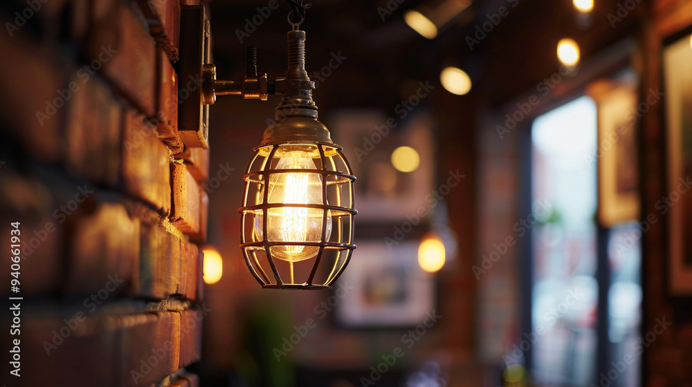 A close-up of a hanging industrial-style light fixture illuminating a cozy corner of the café A close-up of a hanging industrial-style light fixture illuminating a cozy corner of the café