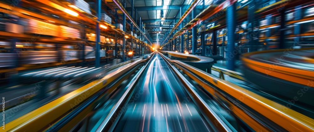 Fototapeta premium A dynamic warehouse conveyor belt with motion blur and lighting effects, capturing the fast-paced operation of a logistics environment.