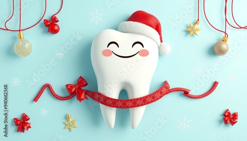 Smiling Christmas-themed teeth for kids, depicted with bright, cheerful colors and thick paint layers. The image features a festive background and the word 