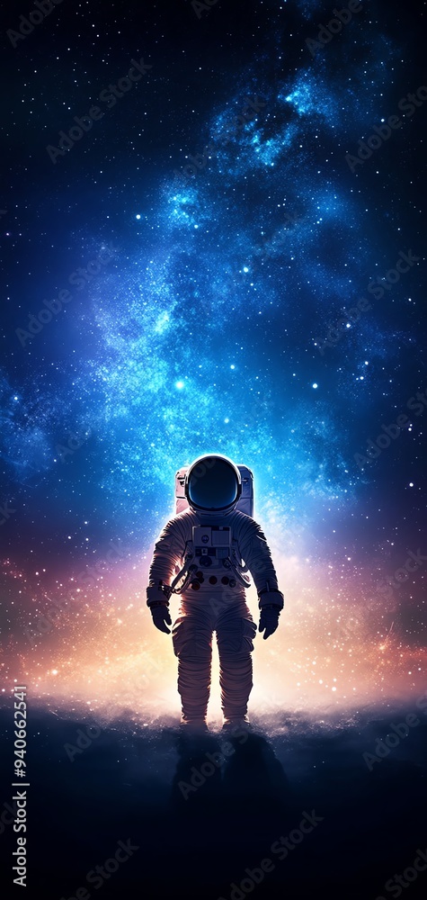 Astronaut standing on a planet, looking up at the starry sky. Astronaut standing on a planet, looking up at the starry sky.