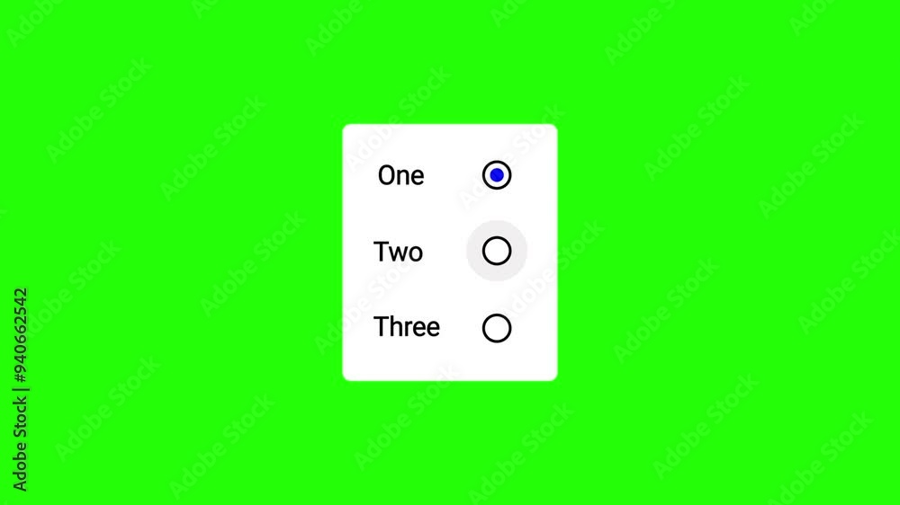 Animated radio button options with tube-like transition effects, elements that allow one selection option, on a green screen background. Animated radio button options with tube-like transition effects, elements that allow one selection option, on a green screen background.