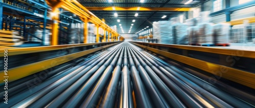 A dynamic warehouse conveyor belt with motion blur and lighting effects, capturing the fast-paced operation of a logistics environment.