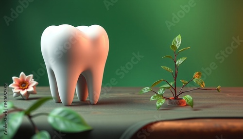 Eco-friendly teeth set against a green background. Thick layers of paint highlight the natural, clean qualities and emphasize a commitment to sustainability, Generative AI. photo