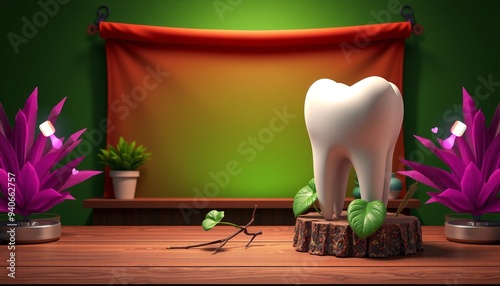 Eco-friendly teeth set against a green background. Thick layers of paint highlight the natural, clean qualities and emphasize a commitment to sustainability, Generative AI.