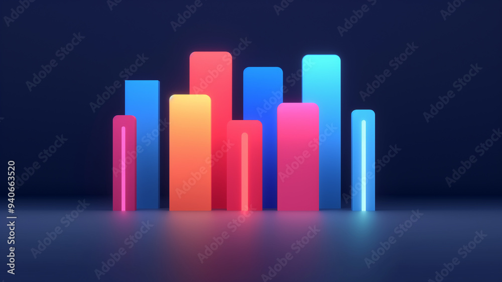 Colorful data visualization with glowing bars representing growth and progress in technology and business analytics. Colorful data visualization with glowing bars representing growth and progress in technology and business analytics.