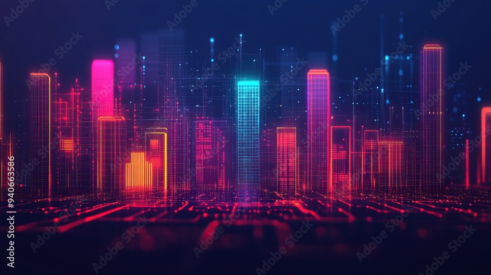 A vibrant, futuristic city skyline illuminated by neon colors, showcasing modern architecture and digital aesthetics. A vibrant, futuristic city skyline illuminated by neon colors, showcasing modern architecture and digital aesthetics.