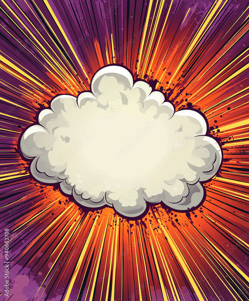 Comic book-style cartoon explosion with a large white cloud in the center, vector art, with a purple and orange background Comic book-style cartoon explosion with a large white cloud in the center, vector art, with a purple and orange background