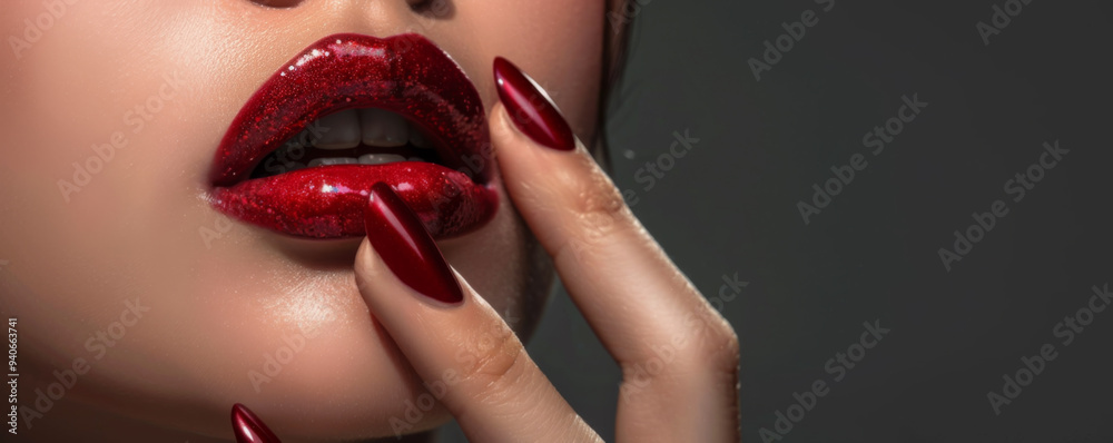 Obraz premium Glamorous Red Lips and Glossy Nails Close-Up