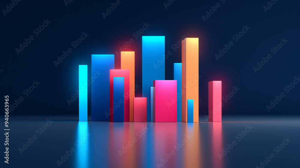 Vibrant 3D bar chart with colorful columns reflecting on a surface, representing data visualization and analytical growth. Vibrant 3D bar chart with colorful columns reflecting on a surface, representing data visualization and analytical growth.