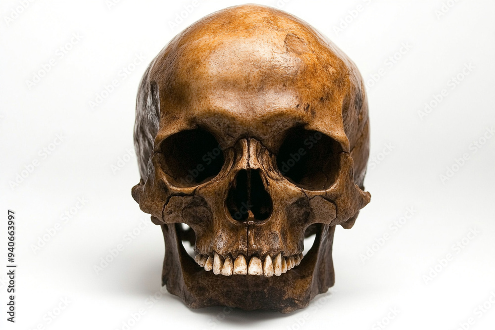Realistic Human Skull on White Background with Dramatic Lighting Realistic Human Skull on White Background with Dramatic Lighting