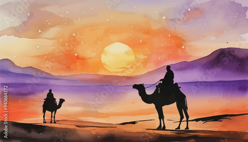 Desert Sunset Silhouette: Camel and Rider
