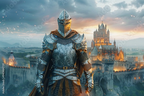 A futuristic reimagining of a chivalrous knight in hightech armor, defending a digitally enhanced medieval stronghold, Futuristic, 3D Rendering
