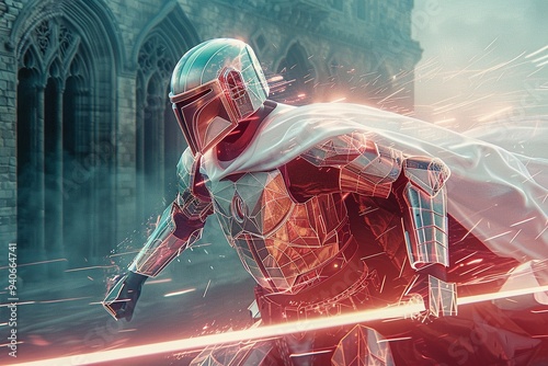 A futuristic reimagining of a chivalrous knight in hightech armor, defending a digitally enhanced medieval stronghold, Futuristic, 3D Rendering